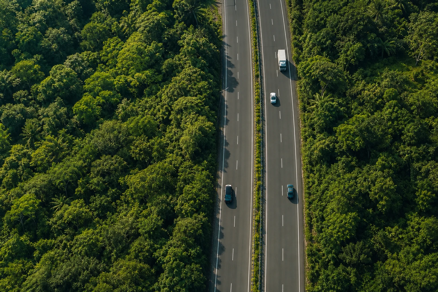Aerial view of connected fleet vehicles travelling on a divided highway through tropical forest
