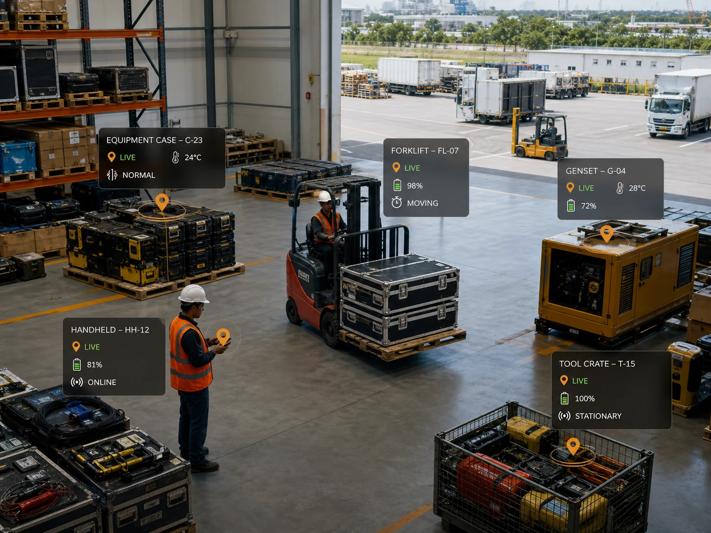 Connected equipment, tools and industrial assets monitored through live location and condition intelligence