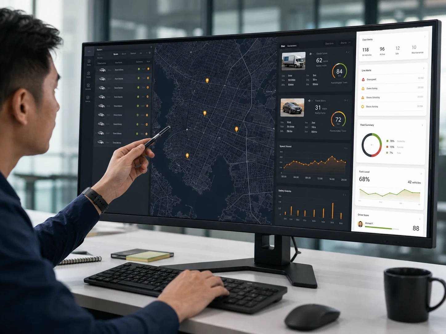 Fleet operations analyst monitoring live vehicles, alerts and telematics analytics